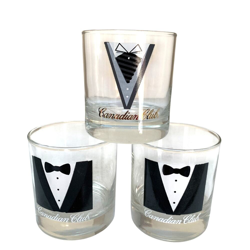 Set of 3 Vintage CANADIAN CLUB Old Fashioned Heavy Bottom Glasses Whiskey Tuxedo